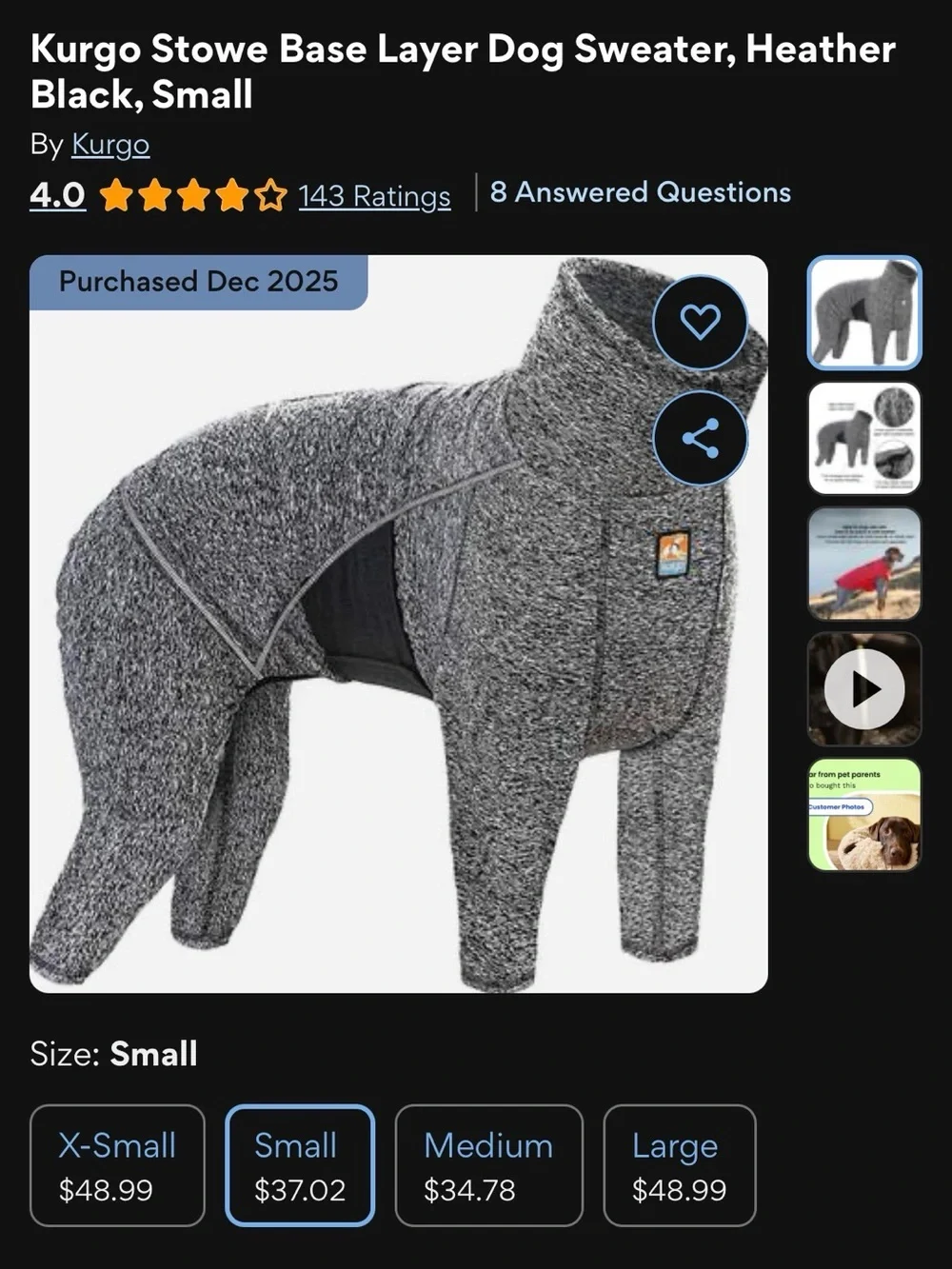 Kurgo Gray One Piece Full Body Dog Sweater
